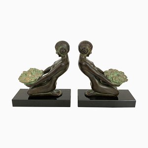 Art Deco Cueillette Bookends in Spelter & Marble by Max Le Verrier, Set of 2