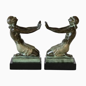 Sujetalibros Extase Art Déco de Spelter y mármol de Fayral / Pierre Le Faguays para Max Le Verrier. Juego de 2