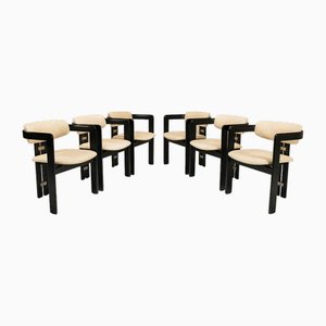 Pamplona Dining Chairs in Stained Black Oak & Off-White Fabric by Augusto Savini for Pozzi, Italy, 1965, Set of 6