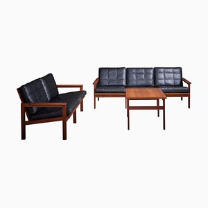 Black Leather Sofas & Side Table from Illum Wikkelso Capella, Denmark, 1960s, Set of 3