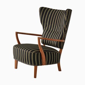 Modern Danish Wingback Chair in Oak & Traditional Danish Olmerdug Wool by Henning Kjærnulf, 1950s