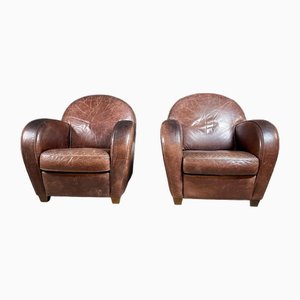 Brown Leather Armchairs, Set of 2