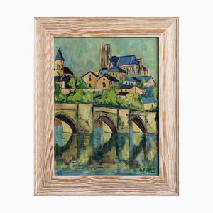 French School Artist, Hillside Town, Oil on Panel, Mid-20th Century, Framed