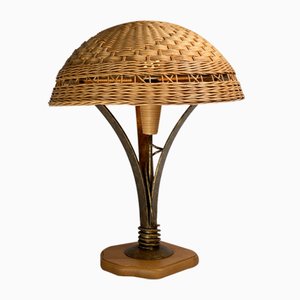 Brutalist Gilded Wrought Iron and Rattan Wicker Mushroom Table Lamp, 1960s