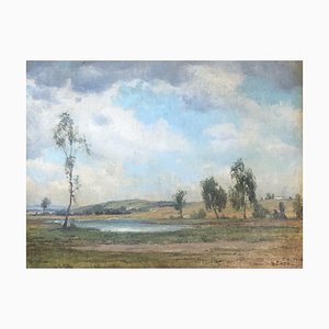 Ludwig Bürgel, Paysage de campagne et étang, Olio su legno, con cornice