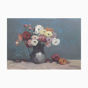 Charles Breton, Bouquet de fleurs au pichet, Oleo sobre madera