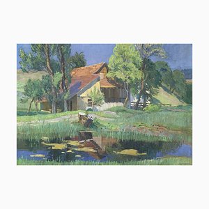Angiolo Volpe, Ferme au bord de l'étang, 1912, Öl auf Leinwand