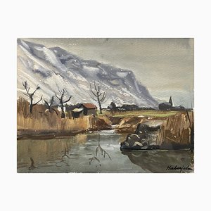 Gabriel Eduard Haberjahn, Fiume e montagna innevata, anni '20, Acquarello