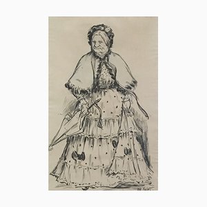 Edouard Eugène Vallet, La Mère Fénollan, La Mère marchande, China Ink on Watercolor Paper, Con cornice
