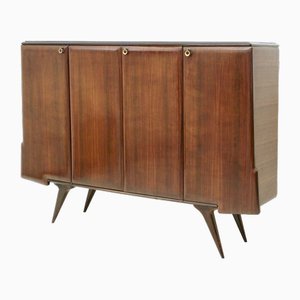 Vintage Walnut Highboard with Mirrored Interiors and Brass Details, Italy