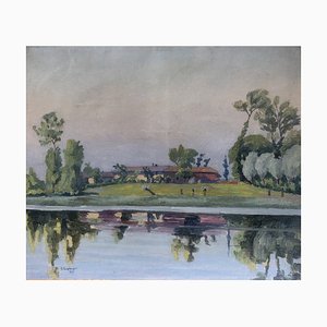 A. Augsburger, Paysage au bord du lac, 1927, Olio su tela