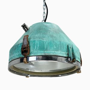 Industrielle Vintage Deckenlampe aus Stahl & Kupfer mit Grünspan-Finish, Veb zugeschrieben von Veb Deutsche Werkstätten Hellerau, 1970er