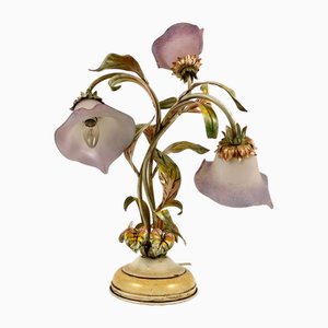 Flower Shaped Table Lamp | Italian Vintage Lighting | Metal & Glass Table Lamp