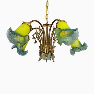 French Brass Pate De Verre Hanging Lamp, 1950s
