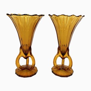 Vases Art Déco en Verre Ambré, République Tchèque, 1930s, Set de 2