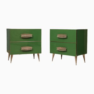 Mid-Century Square Green Color Glass & Brass Nightstands, Set of 2