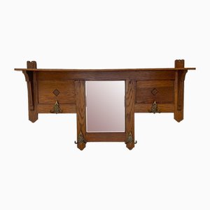 20th Century Arts & Crafts Oak Wall Coat Rack with Beveled Mirror, 1920s