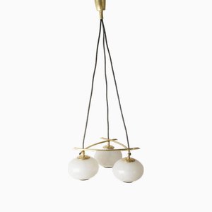 Italian Chandelier with Satin Glass Spheres in Brass Structure, 1950s