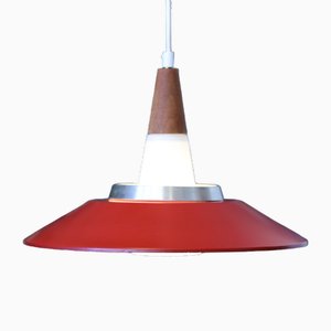 Lampada da soffitto in vetro opalino con paralume rosso di Voss Belysning, Danimarca, anni '60