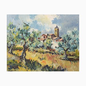 Artista sconosciuto, Paesaggio post impressionista con ulivi e chiesa del villaggio, 1974, Olio su tela, Con cornice
