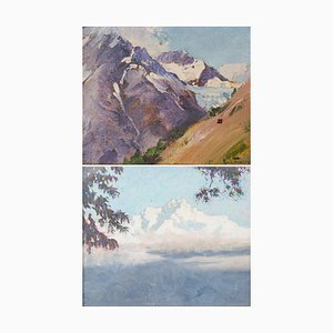 Artista sconosciuto, Paesaggi di montagna, Dipinti ad olio su cartoncino, anni '50, set di 2