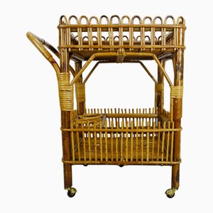 Chariot à Thé Mid-Century en Bambou & Rotin