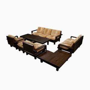 Lounge Living Room Set in Softwood & Leather, France, 1960s, Set of 7