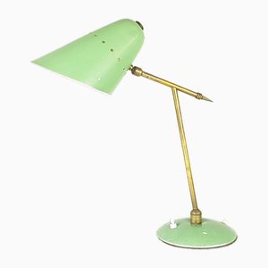 Mid-Century Adjustable Aqua Green Metal & Brass Table Lamp, 1950s