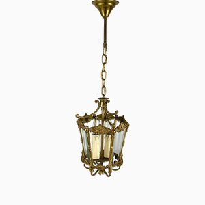 Lanterna da soffitto in bronzo dorato con pannelli in vetro, anni '30