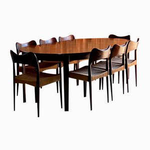 Round Rosewood Dining Table & Dining Chairs by Arne Hovmand-Olsen for Mogens Kold, 1960s, Set of 9