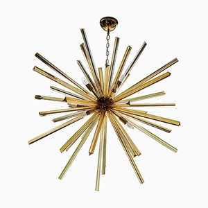 Large Venini Style Sputnik Chandelier in Brass and Amber Murano Glass, 2000s