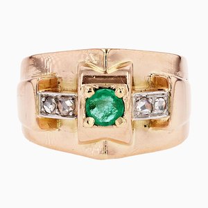 French 18 Karat Rose Gold Tank Ring with Emerald and Diamond, 1940s