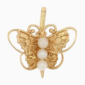 French Pearl Butterfly Charm Pendant in 18 Karat Yellow Gold, 1960s