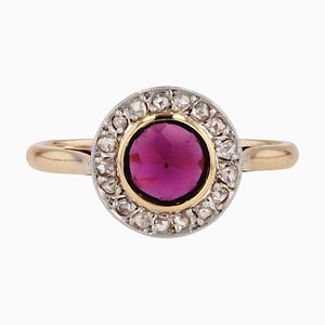 French 18 Karat Yellow Gold Platinum Ring with Garnet Diamonds, 1890s