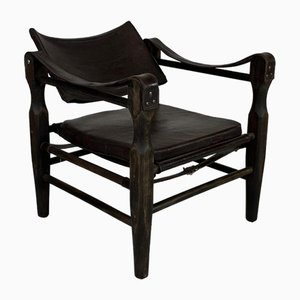 French Safari Chair in Teak and Brown Leather, 1930s