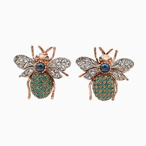 Rose Gold and Silver Fly Shape Earrings with Emeralds and Sapphires, 1950s