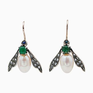 Rose Gold and Silver Fly Shape Earrings with Emeralds and Sapphires, 1940s