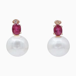 14 Karat Rose Gold Earrings with Pearls and Rubies