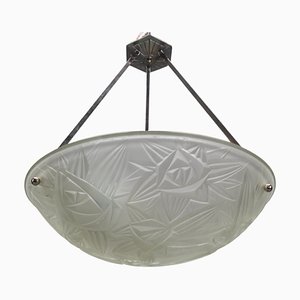 Art Deco French Chromed Brass and Frosted Glass Pendant Light by Noverdy, 1930s