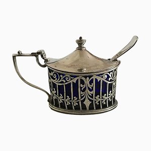 Birks Mustard Pot in Sterling Silver with Spoon in Silver Plate, 1930s