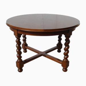 Vintage Louis XIII Style Round Dining Table with Integrated Extension, 1970s