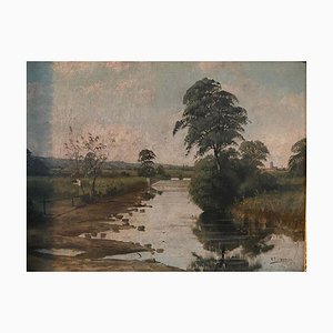 Artista escolar francés, paisaje de campo, de principios del siglo XX, óleo sobre lienzo