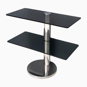 Postmodern Chromed Metal Console Table with Two Smoked Glass Shelves, Italy