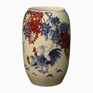 Chinese Painted Ceramic Vase with Roosters and Floral Decorations, 2000s