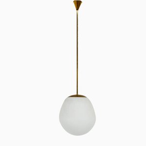 Onion Chandelier in Brass and Milky White Glass from Stilnovo, Italy, 1956