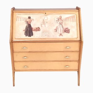 Vintage Birch Secretaire with Three Drawers and Brass Details, Italy