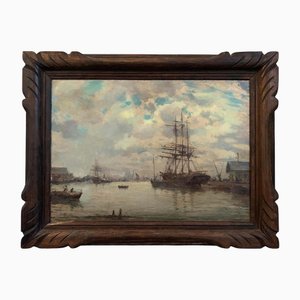 Escena naval, del siglo XIX, óleo sobre lienzo, enmarcado