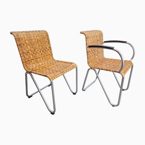 Dutch Diagonal Chairs Tube Frame in Rattan from Gispen, 1930s, Set of 2
