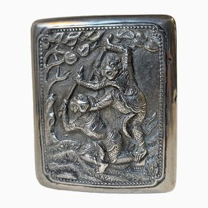 Antique Asian Export Silver Cigarette Case with Nuo Masked Warrior Gods, 1890s