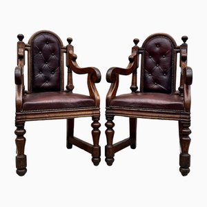 Chesterfield Armchairs in Walnut and Leather, 1950s, Set of 2